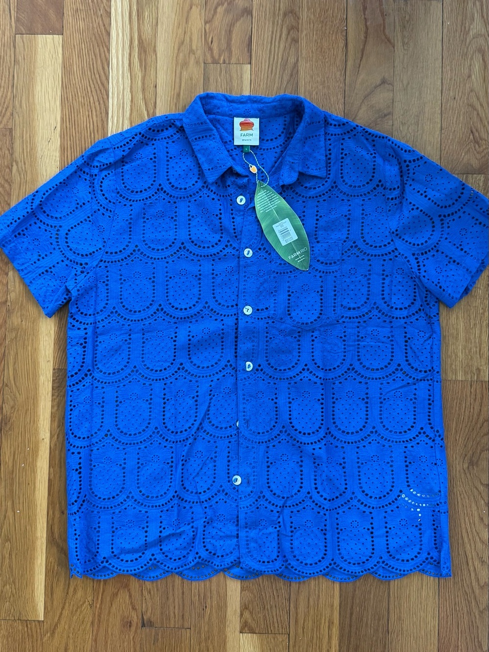FARM Rio Pineapple Eyelet Shirt NWT Royal Blue Size L